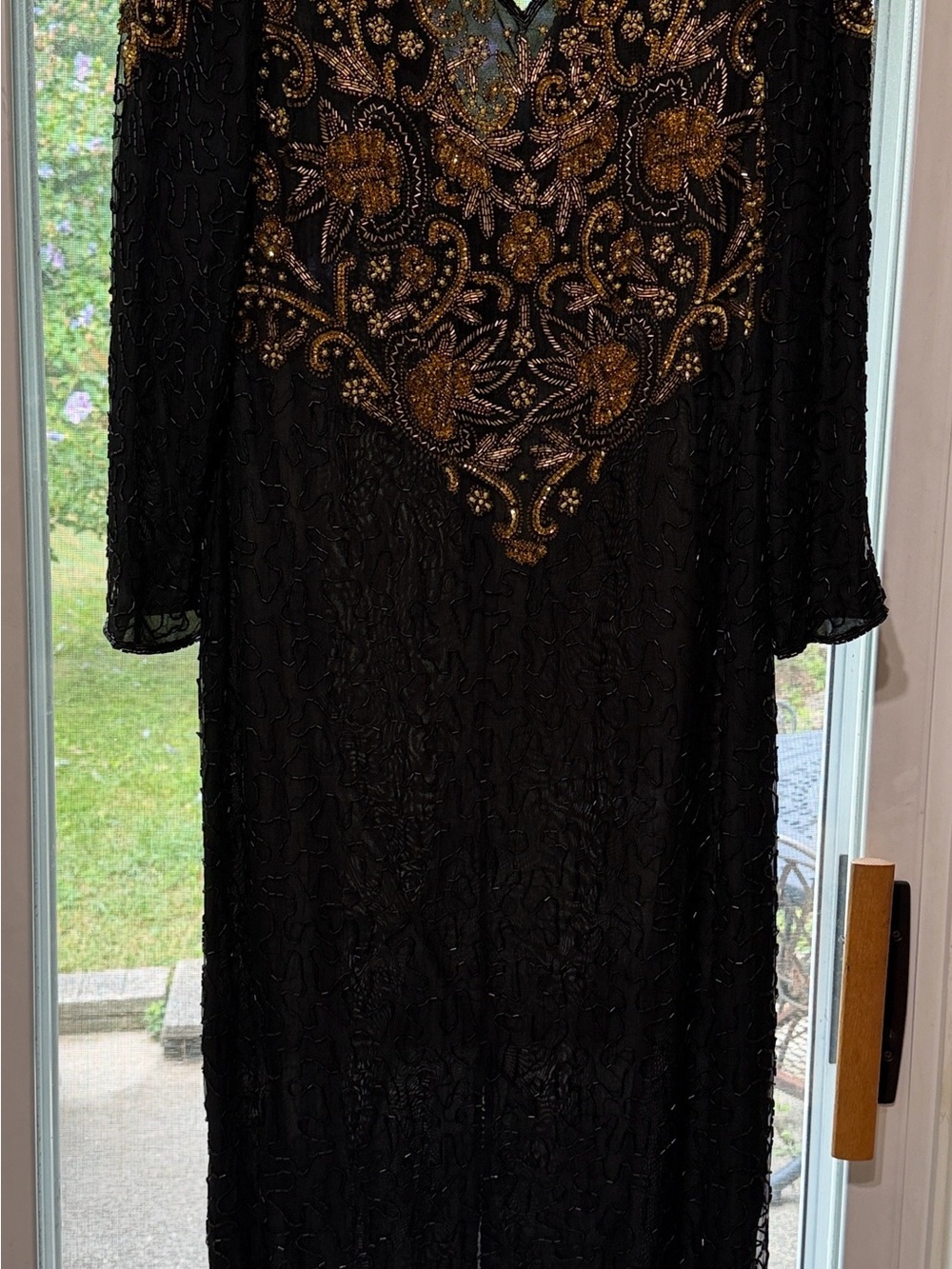 Scala Vintage 100% Silk Long-Sleeve Beaded Gown with Gold Embellishment, XL